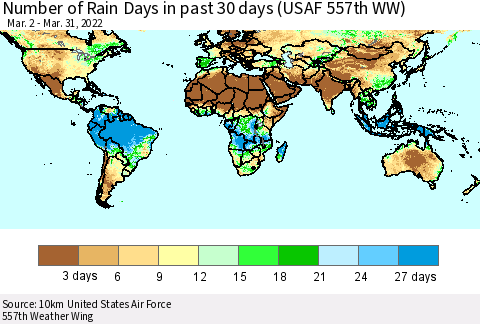 World Number of Rain Days in past 30 days (USAF 557th WW) 03/31/2022 Thematic Map For 3/26/2022 - 3/31/2022