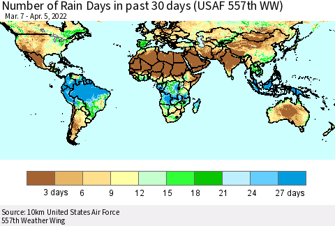 World Number of Rain Days in past 30 days (USAF 557th WW) 04/05/2022 Thematic Map For 4/1/2022 - 4/5/2022