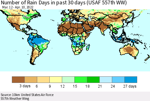 World Number of Rain Days in past 30 days (USAF 557th WW) 04/10/2022 Thematic Map For 4/6/2022 - 4/10/2022