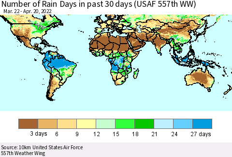 World Number of Rain Days in past 30 days (USAF 557th WW) 04/20/2022 Thematic Map For 4/16/2022 - 4/20/2022