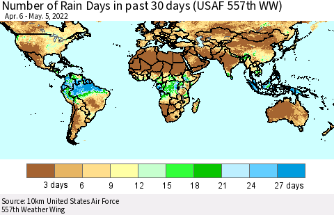 World Number of Rain Days in past 30 days (USAF 557th WW) 05/05/2022 Thematic Map For 5/1/2022 - 5/5/2022