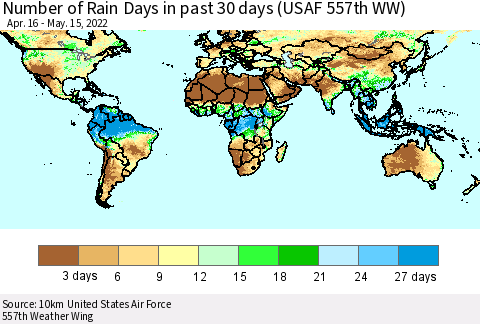 World Number of Rain Days in past 30 days (USAF 557th WW) 05/15/2022 Thematic Map For 5/11/2022 - 5/15/2022