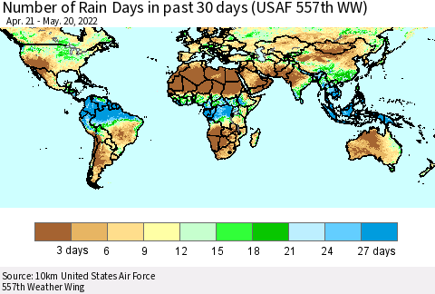 World Number of Rain Days in past 30 days (USAF 557th WW) 05/20/2022 Thematic Map For 5/16/2022 - 5/20/2022