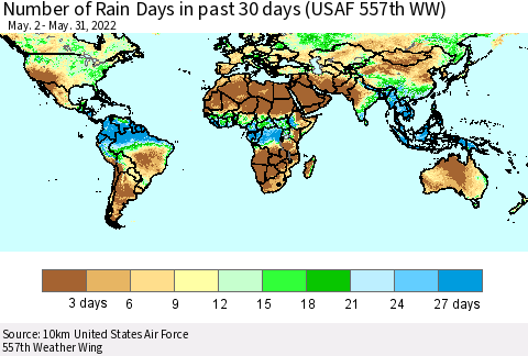 World Number of Rain Days in past 30 days (USAF 557th WW) 05/31/2022 Thematic Map For 5/26/2022 - 5/31/2022