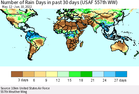 World Number of Rain Days in past 30 days (USAF 557th WW) 06/10/2022 Thematic Map For 6/6/2022 - 6/10/2022