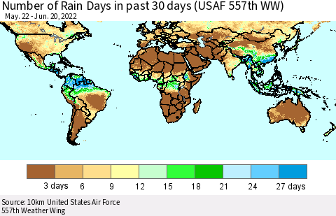 World Number of Rain Days in past 30 days (USAF 557th WW) 06/20/2022 Thematic Map For 6/16/2022 - 6/20/2022