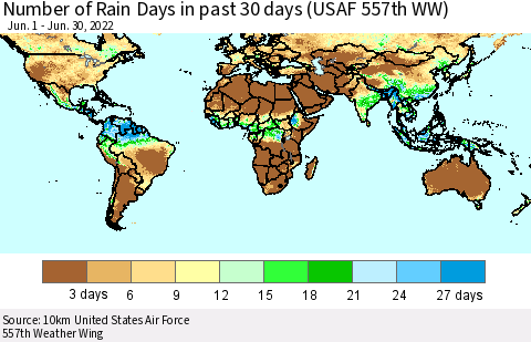 World Number of Rain Days in past 30 days (USAF 557th WW) 06/30/2022 Thematic Map For 6/26/2022 - 6/30/2022