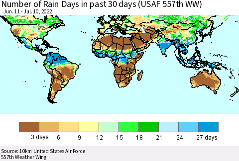 World Number of Rain Days in past 30 days (USAF 557th WW) 07/10/2022 Thematic Map For 7/6/2022 - 7/10/2022