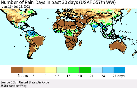 World Number of Rain Days in past 30 days (USAF 557th WW) 07/15/2022 Thematic Map For 7/11/2022 - 7/15/2022