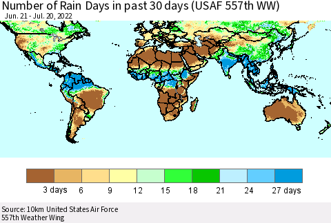 World Number of Rain Days in past 30 days (USAF 557th WW) 07/20/2022 Thematic Map For 7/16/2022 - 7/20/2022