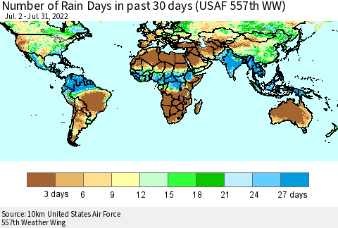 World Number of Rain Days in past 30 days (USAF 557th WW) 07/31/2022 Thematic Map For 7/26/2022 - 7/31/2022