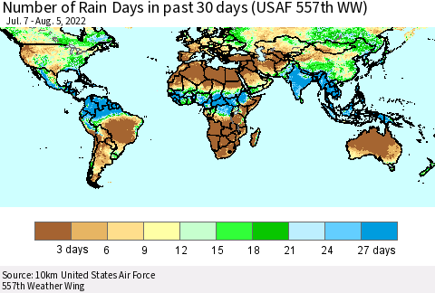 World Number of Rain Days in past 30 days (USAF 557th WW) 08/05/2022 Thematic Map For 8/1/2022 - 8/5/2022