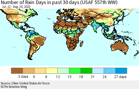 World Number of Rain Days in past 30 days (USAF 557th WW) 08/10/2022 Thematic Map For 8/6/2022 - 8/10/2022