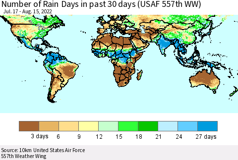 World Number of Rain Days in past 30 days (USAF 557th WW) 08/15/2022 Thematic Map For 8/11/2022 - 8/15/2022