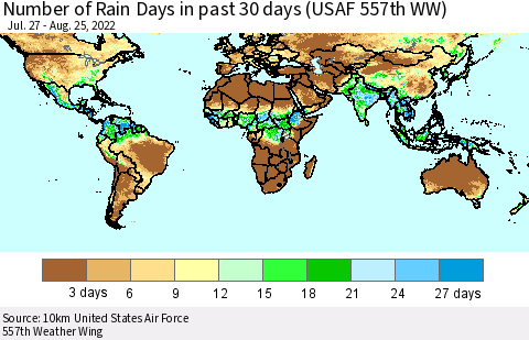 World Number of Rain Days in past 30 days (USAF 557th WW) 08/25/2022 Thematic Map For 8/21/2022 - 8/25/2022