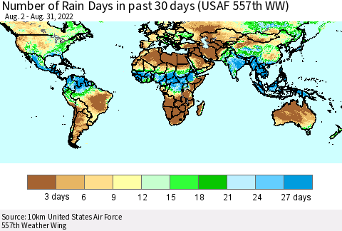 World Number of Rain Days in past 30 days (USAF 557th WW) 08/31/2022 Thematic Map For 8/26/2022 - 8/31/2022