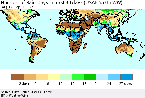 World Number of Rain Days in past 30 days (USAF 557th WW) 09/10/2022 Thematic Map For 9/6/2022 - 9/10/2022