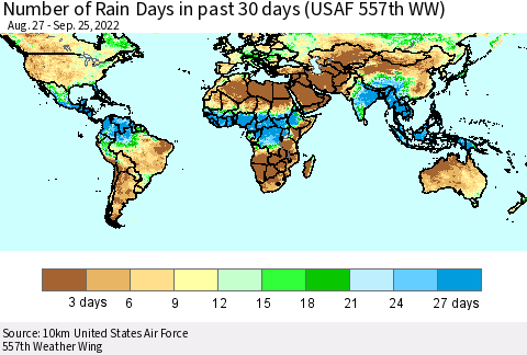 World Number of Rain Days in past 30 days (USAF 557th WW) 09/25/2022 Thematic Map For 9/21/2022 - 9/25/2022