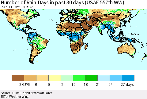 World Number of Rain Days in past 30 days (USAF 557th WW) 10/10/2022 Thematic Map For 10/6/2022 - 10/10/2022