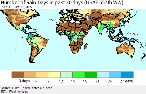 World Number of Rain Days in past 30 days (USAF 557th WW) 10/15/2022 Thematic Map For 10/11/2022 - 10/15/2022