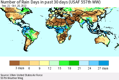 World Number of Rain Days in past 30 days (USAF 557th WW) 10/20/2022 Thematic Map For 10/16/2022 - 10/20/2022