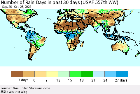 World Number of Rain Days in past 30 days (USAF 557th WW) 10/25/2022 Thematic Map For 10/21/2022 - 10/25/2022
