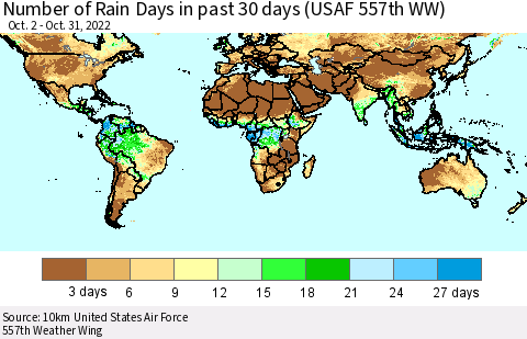 World Number of Rain Days in past 30 days (USAF 557th WW) 10/31/2022 Thematic Map For 10/26/2022 - 10/31/2022