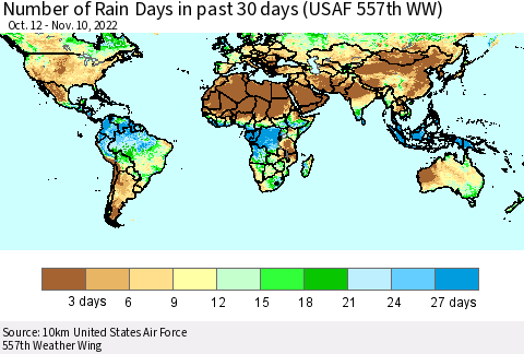 World Number of Rain Days in past 30 days (USAF 557th WW) 11/10/2022 Thematic Map For 11/6/2022 - 11/10/2022
