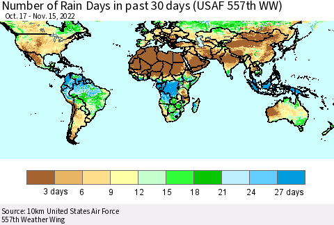 World Number of Rain Days in past 30 days (USAF 557th WW) 11/15/2022 Thematic Map For 11/11/2022 - 11/15/2022