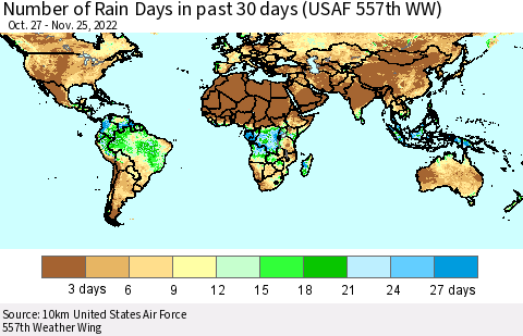 World Number of Rain Days in past 30 days (USAF 557th WW) 11/25/2022 Thematic Map For 11/21/2022 - 11/25/2022