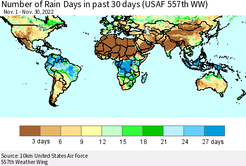 World Number of Rain Days in past 30 days (USAF 557th WW) 11/30/2022 Thematic Map For 11/26/2022 - 11/30/2022