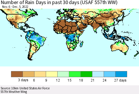 World Number of Rain Days in past 30 days (USAF 557th WW) 12/05/2022 Thematic Map For 12/1/2022 - 12/5/2022