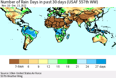 World Number of Rain Days in past 30 days (USAF 557th WW) 12/15/2022 Thematic Map For 12/11/2022 - 12/15/2022