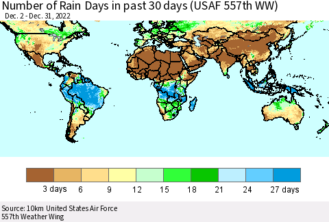 World Number of Rain Days in past 30 days (USAF 557th WW) 12/31/2022 Thematic Map For 12/26/2022 - 12/31/2022