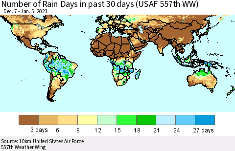 World Number of Rain Days in past 30 days (USAF 557th WW) 01/05/2023 Thematic Map For 1/1/2023 - 1/5/2023