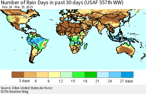 World Number of Rain Days in past 30 days (USAF 557th WW) 03/25/2023 Thematic Map For 3/21/2023 - 3/25/2023
