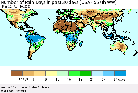 World Number of Rain Days in past 30 days (USAF 557th WW) 04/10/2023 Thematic Map For 4/6/2023 - 4/10/2023