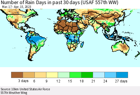 World Number of Rain Days in past 30 days (USAF 557th WW) 04/15/2023 Thematic Map For 4/11/2023 - 4/15/2023