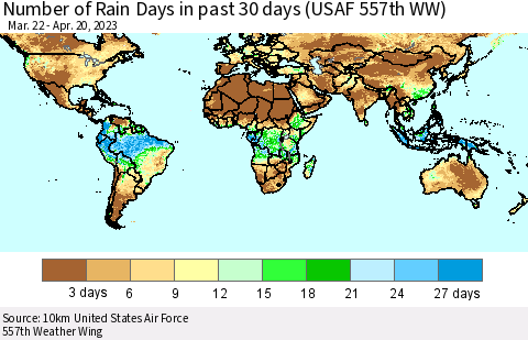 World Number of Rain Days in past 30 days (USAF 557th WW) 04/20/2023 Thematic Map For 4/16/2023 - 4/20/2023