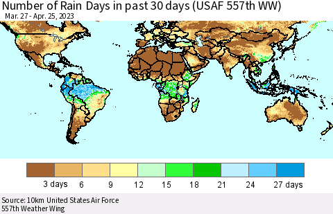 World Number of Rain Days in past 30 days (USAF 557th WW) 04/25/2023 Thematic Map For 4/21/2023 - 4/25/2023