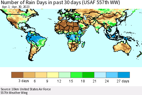 World Number of Rain Days in past 30 days (USAF 557th WW) 04/30/2023 Thematic Map For 4/26/2023 - 4/30/2023