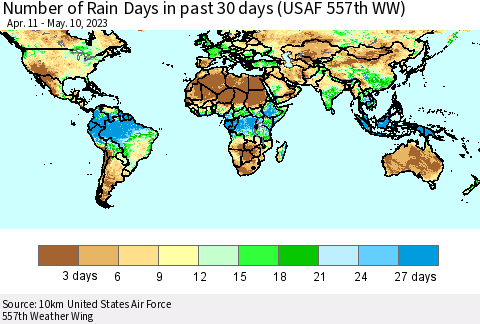 World Number of Rain Days in past 30 days (USAF 557th WW) 05/10/2023 Thematic Map For 5/6/2023 - 5/10/2023