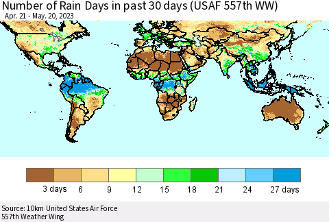World Number of Rain Days in past 30 days (USAF 557th WW) 05/20/2023 Thematic Map For 5/16/2023 - 5/20/2023
