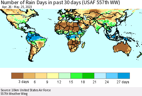 World Number of Rain Days in past 30 days (USAF 557th WW) 05/25/2023 Thematic Map For 5/21/2023 - 5/25/2023