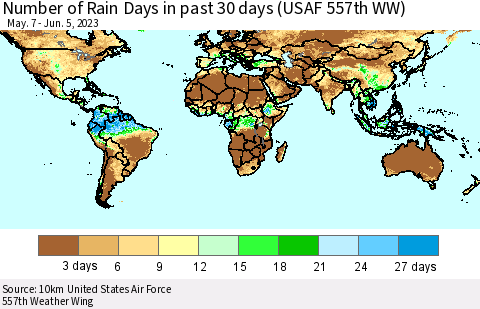 World Number of Rain Days in past 30 days (USAF 557th WW) 06/05/2023 Thematic Map For 6/1/2023 - 6/5/2023
