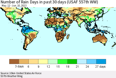 World Number of Rain Days in past 30 days (USAF 557th WW) 06/10/2023 Thematic Map For 6/6/2023 - 6/10/2023