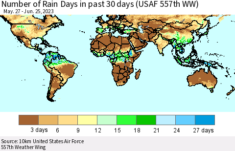 World Number of Rain Days in past 30 days (USAF 557th WW) 06/25/2023 Thematic Map For 6/21/2023 - 6/25/2023