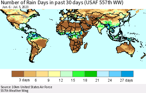 World Number of Rain Days in past 30 days (USAF 557th WW) 07/05/2023 Thematic Map For 7/1/2023 - 7/5/2023