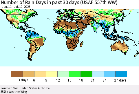 World Number of Rain Days in past 30 days (USAF 557th WW) 07/10/2023 Thematic Map For 7/6/2023 - 7/10/2023