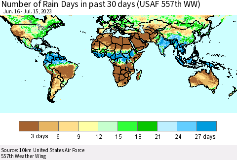 World Number of Rain Days in past 30 days (USAF 557th WW) 07/15/2023 Thematic Map For 7/11/2023 - 7/15/2023